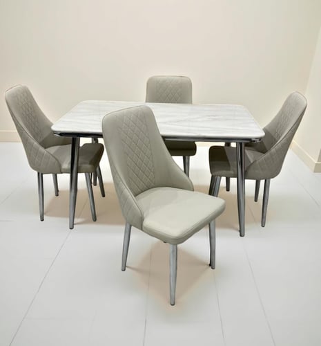 طاولة طعام رخام ستيل فضي 4 كرسي جلد