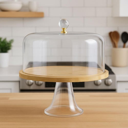 حامل كيك زجاجي بقاعدة مرتفعة وغطاء شفاف بكرة كريست...