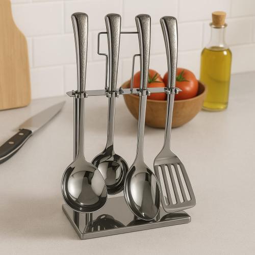 طقم أدوات مطبخ ستانليس ستيل بنقش أنيق مع حامل