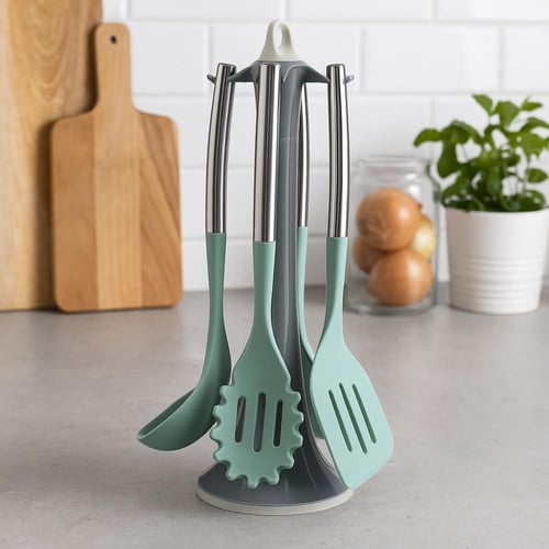 طقم أدوات مطبخ سيليكون مع حامل دوّار