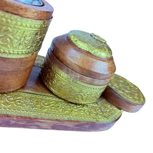 طقم مبخرة خشبي هندي فاخر بنقوش ذهبية