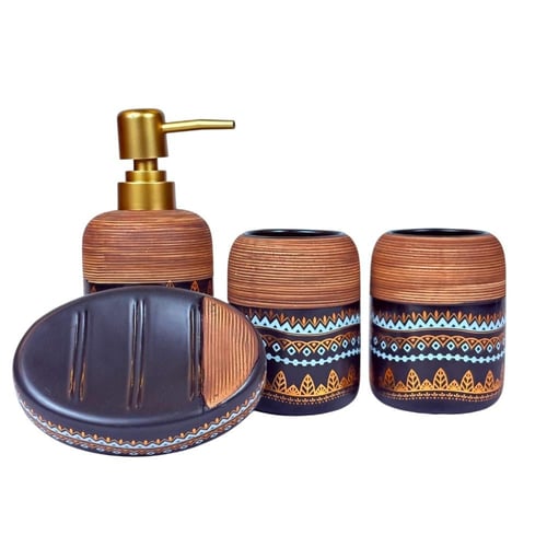 طقم اكسسوارات حمام سيراميك بنقوش تراثية – 4 قطع