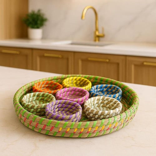 طقم صحون ضيافة من القش الملون