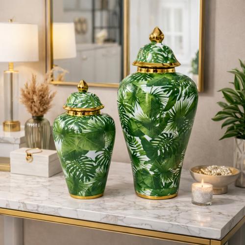 طقم فازات سيراميك بغطاء بنقشة اوراق استوائية – قطع...