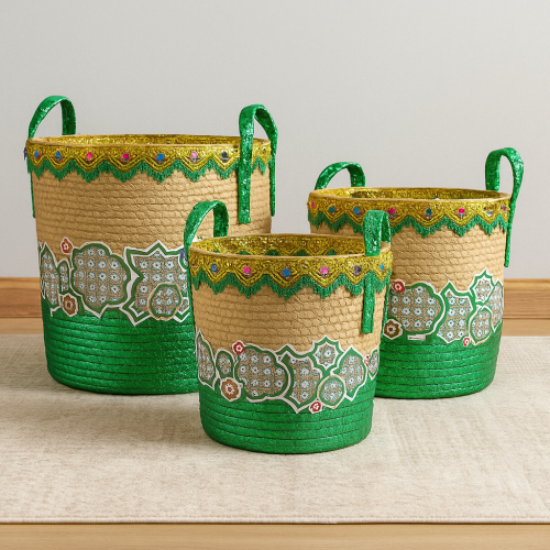سلال تخزين قش مزخرفة (طقم 3 قطع)