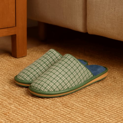 شبشب منزلي شتوي بنقشة مربعات خضراء