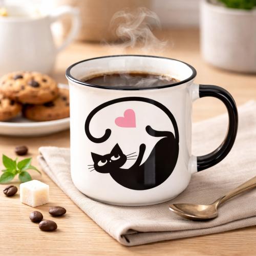 كوب سيراميك بتصميم قط مع قلب وردي