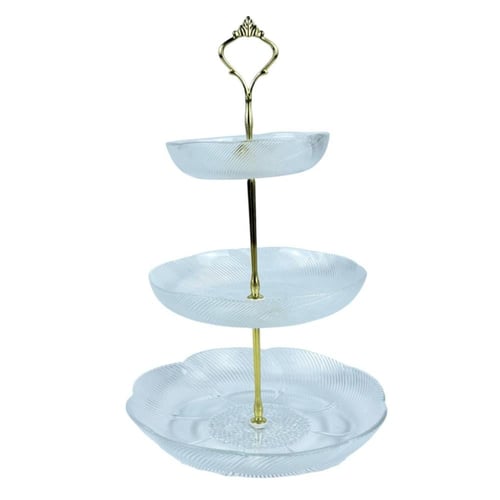 طبق تقديم ثلاثي الأدوار بزجاج مزخرف وقاعدة ذهبية