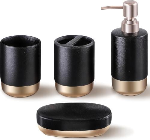 طقم إكسسوارات حمام سيراميكي 4 قطع – أسود مع قاعدة...