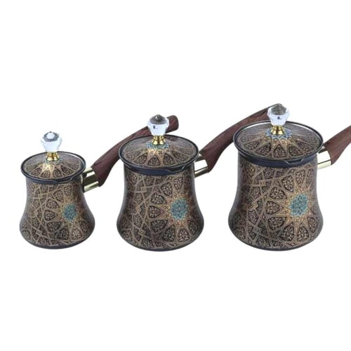 طقم ركوة قهوة شرقية فاخرة بنقوش إسلامية-بني