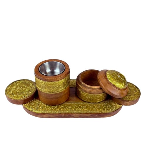 طقم مبخرة خشبي هندي فاخر بنقوش ذهبية