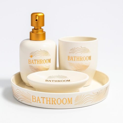 إكسسوارات حمام سيراميكي فاخر – أبيض بلمسات ذهبية