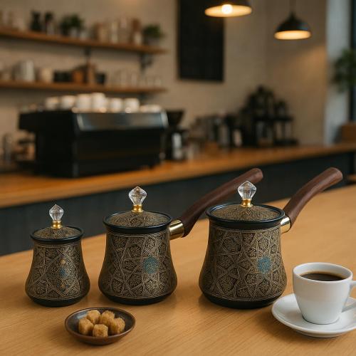 طقم ركوة قهوة شرقية فاخرة بنقوش إسلامية-بني