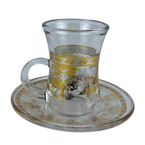 طقم بيالات شاي زجاجية مزخرفة مع صحون تقديم – عدد 6...