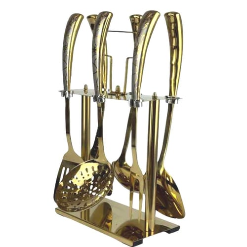 طقم أدوات مطبخ ستانليس ستيل مطلي بالذهب مع حامل