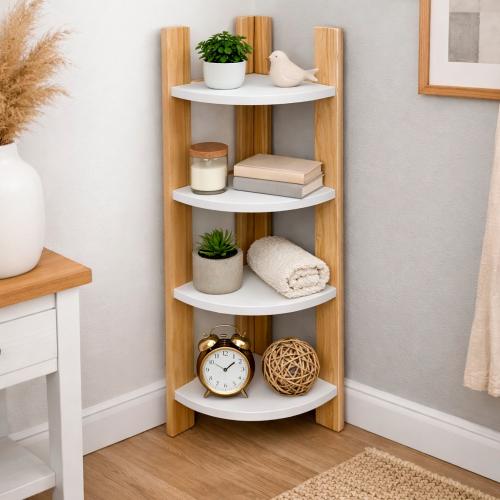رف زاوية خشبي انيق متعدد الاستخدام باربع طبقات