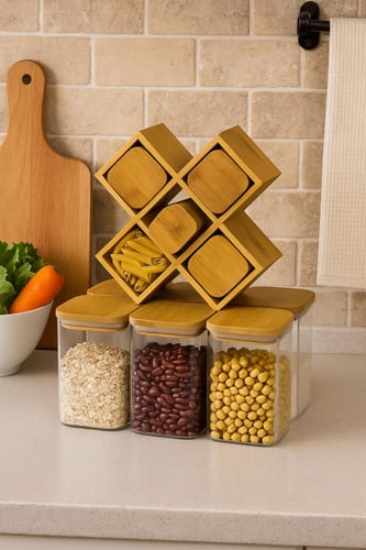 طقم برطمانات توابل بقاعدة خشبية -6 قطع