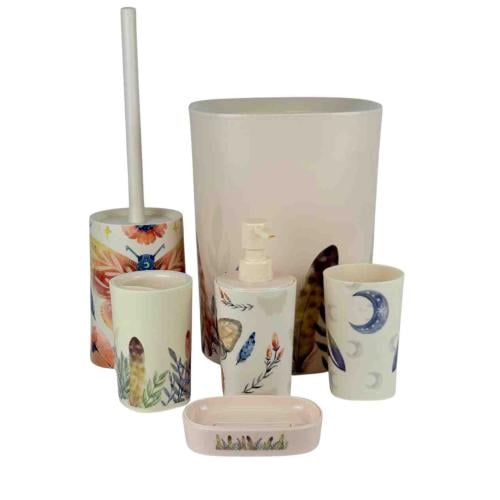 طقم إكسسوارات حمام بلاستيك بنقوش ريش وأزهار