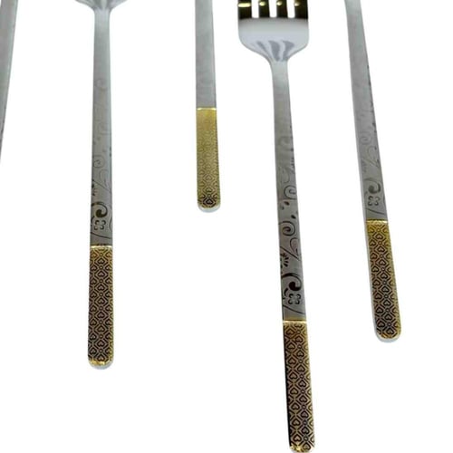 طقم شوك طعام استيل بمقبض مزخرف ذهبي