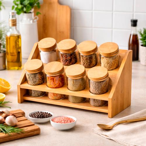 طقم علب بهارات زجاج مع حامل خشبي