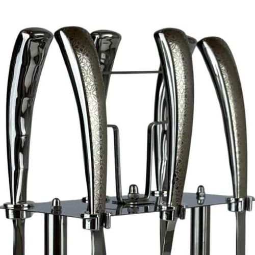 طقم أدوات مطبخ ستانليس ستيل بنقش أنيق مع حامل