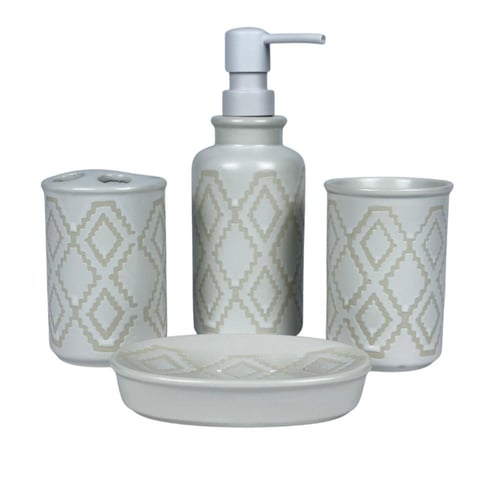 طقم إكسسوارات حمام سيراميك بنقشة هندسية (4 قطع)