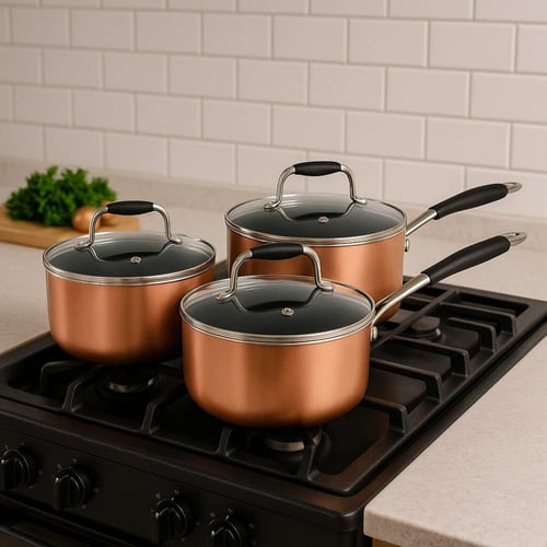 طقم قدور طبخ أنيقة بلون نحاسي مع مقابض-3 قطع