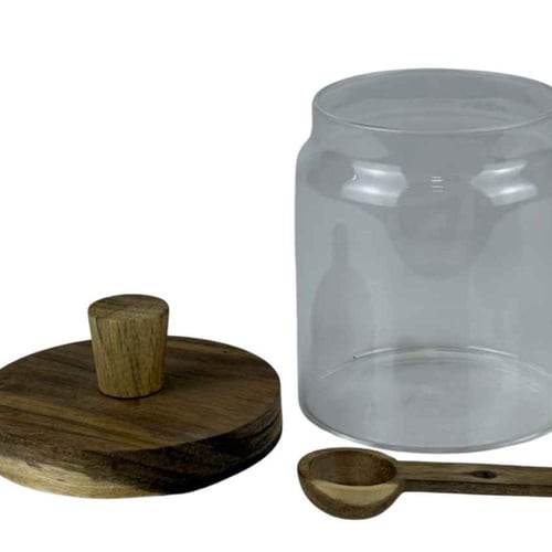 برطمان زجاجي بغطاء خشبي وملعقة