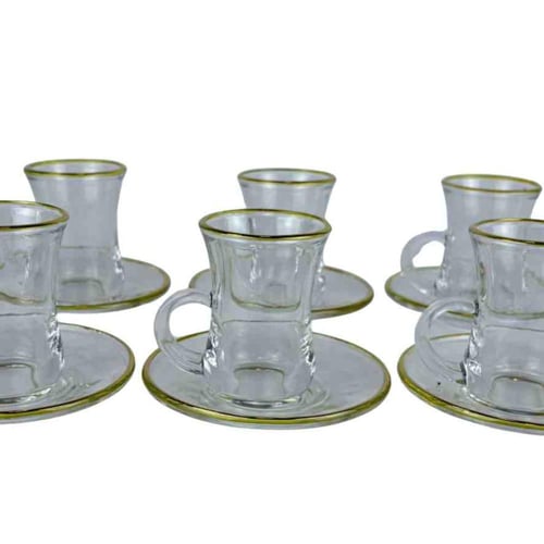 طقم بيالات شاي زجاجية مع صحون - 6 قطع