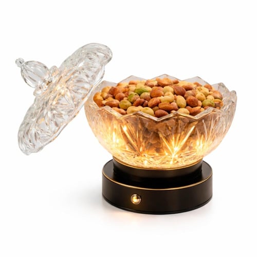 تقديم مضيء كريستالي للتمر والمكسرات