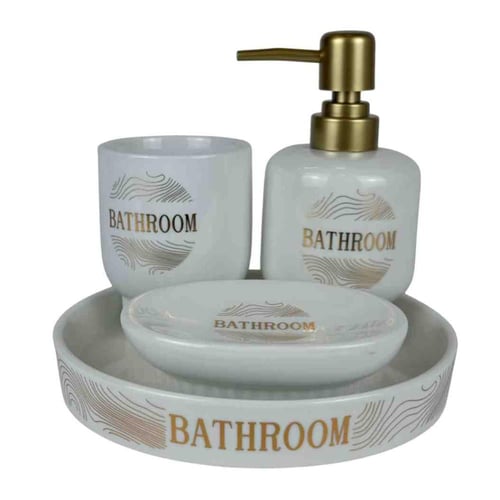 إكسسوارات حمام سيراميكي فاخر – أبيض بلمسات ذهبية