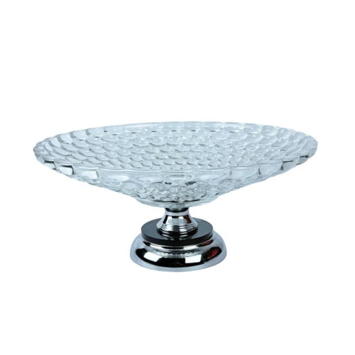 طبق تقديم زجاجي مرتفع بقاعدة فضية