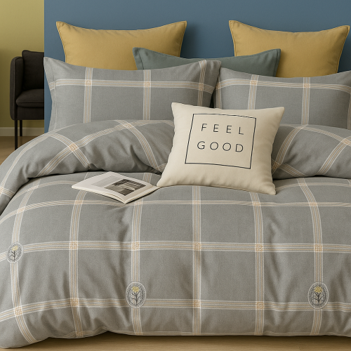 طقم مفارش سرير 4 قطع - رمادي مربعات كلاسيكية