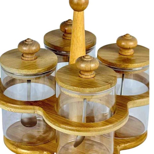 طقم توابل زجاجي مع حامل خشبي وأغطية من الخيزران -4...