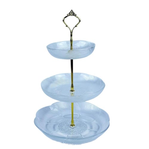 طبق تقديم ثلاثي الأدوار بزجاج مزخرف وقاعدة ذهبية