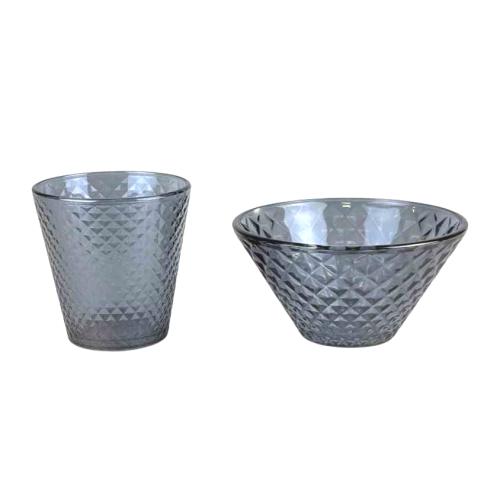 طقم زجاجي رمادي بنقشة ماسية (كوب + زبدية)