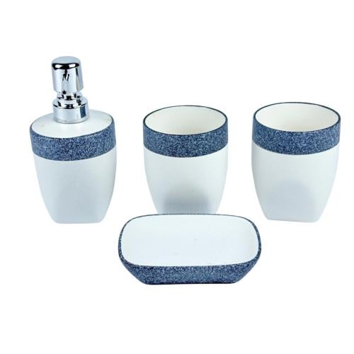 طقم إكسسوارات حمام 4 قطع بتصميم أبيض وحافة زرقاء