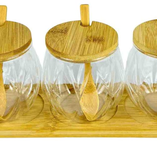 طقم برطمانات زجاجية مع ملاعق وأغطية خشبية