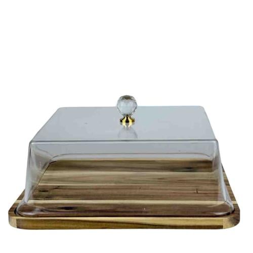 صحن تقديم مستطيل بغطاء وقاعدة خشب طبيعي