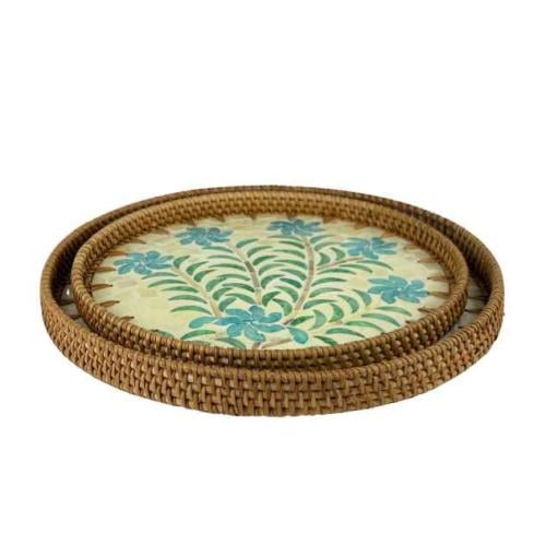 طقم صواني تقديم دائرية من الخيزران بنقشة زهور زرقا...