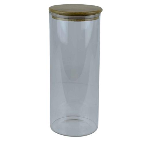 برطمان تخزين زجاجي بغطاء خشبي محكم – شكل أسطواني