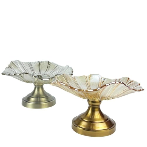 أطباق تقديم زجاجية بقاعدة معدنية