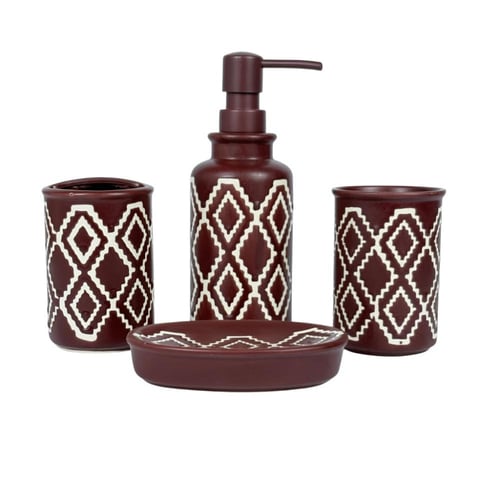 طقم إكسسوارات حمام سيراميك بنقشة هندسية (4 قطع)