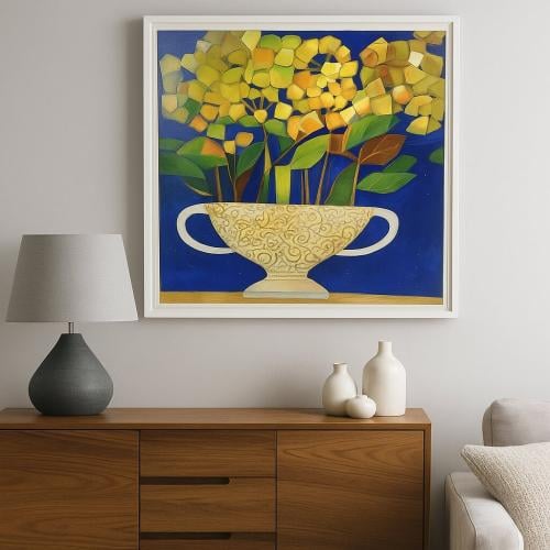 لوحة فنية بإطار - زهور صفراء في مزهرية زخرفية