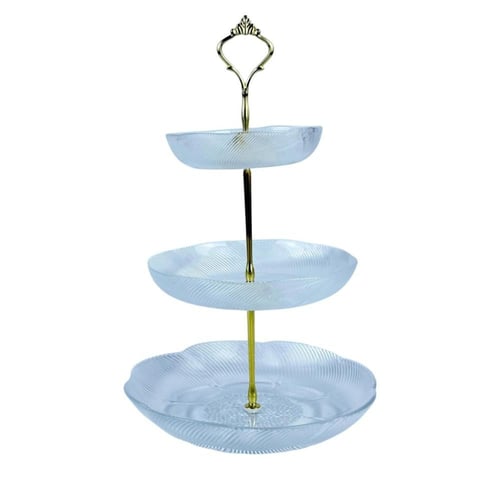 طبق تقديم ثلاثي الأدوار بزجاج مزخرف وقاعدة ذهبية