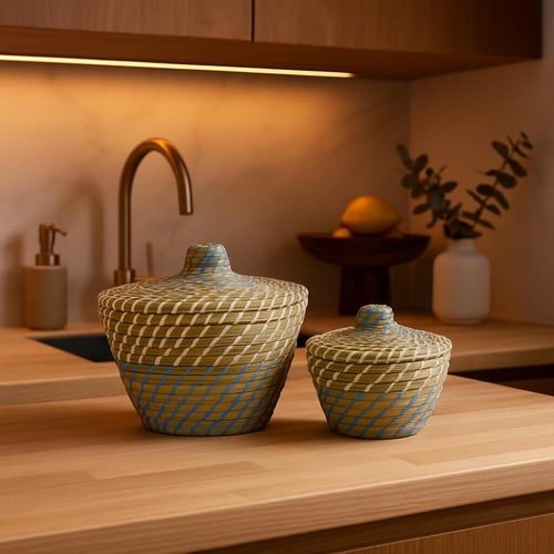 طقم سلال خوص مزينة بغطاء