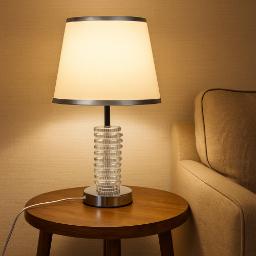 مصباح طاولة أنيق بقاعدة كريستالية وظل قماشي