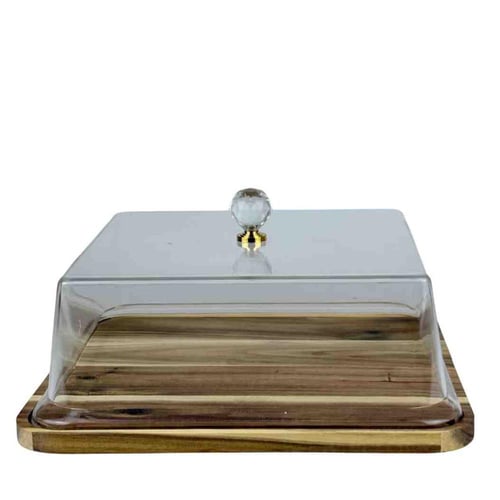 صحن تقديم مستطيل بغطاء وقاعدة خشب طبيعي