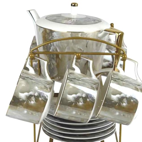 طقم شاي بورسلان بنقشة رخامية مع حامل ذهبي