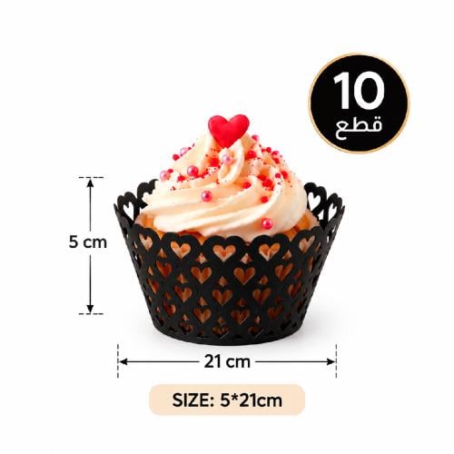 تغليف كب كيك مزخرف بنقشة قلوب – أسود – 10 قطع